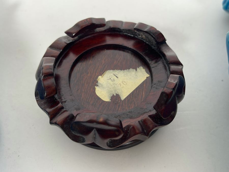 Pair Of Vintage Blue Glazed Chinese Foo Dogs One With Wooden Stand 5.5-6H [Photo 12]