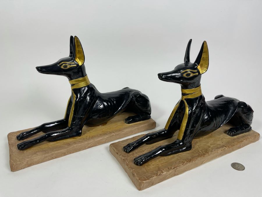 Pair Of Boehm Porcelain Limited Edition God Anubis Statues From The Treasures Of Tutankhamun Exhibition 13.5W X 5.5D X 9.5H [Photo 3]