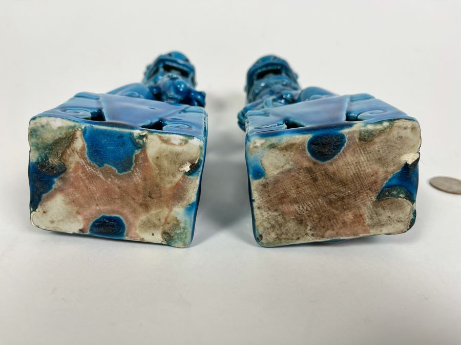 Pair Of Vintage Chinese Blue Glazed Porcelain Foo Dog Sculptures 8H [Photo 11]