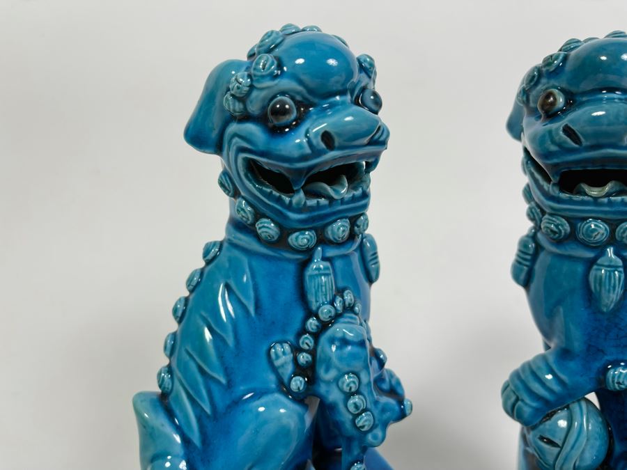 Pair Of Vintage Chinese Blue Glazed Porcelain Foo Dog Sculptures 8H [Photo 7]