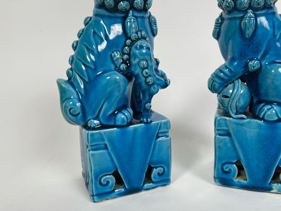 Pair Of Vintage Chinese Blue Glazed Porcelain Foo Dog Sculptures 8H [Photo 6]