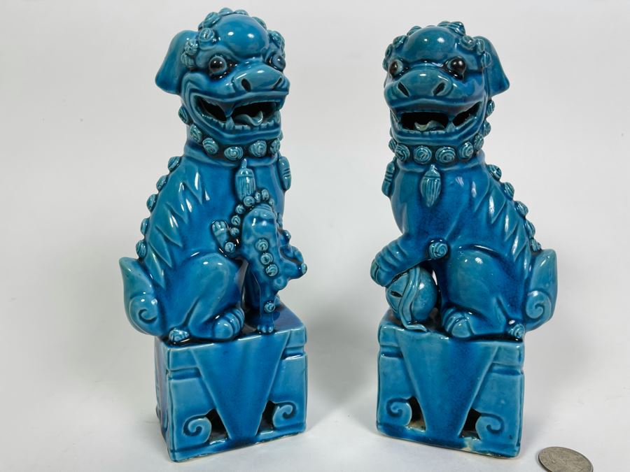 Pair Of Vintage Chinese Blue Glazed Porcelain Foo Dog Sculptures 8H [Photo 3]