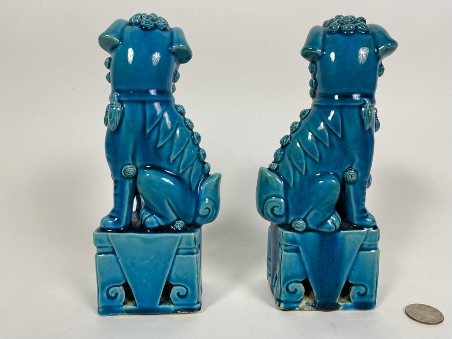 Pair Of Vintage Chinese Blue Glazed Porcelain Foo Dog Sculptures 8H [Photo 9]