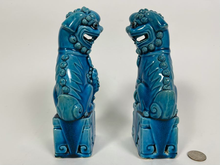 Pair Of Vintage Chinese Blue Glazed Porcelain Foo Dog Sculptures 8H [Photo 8]