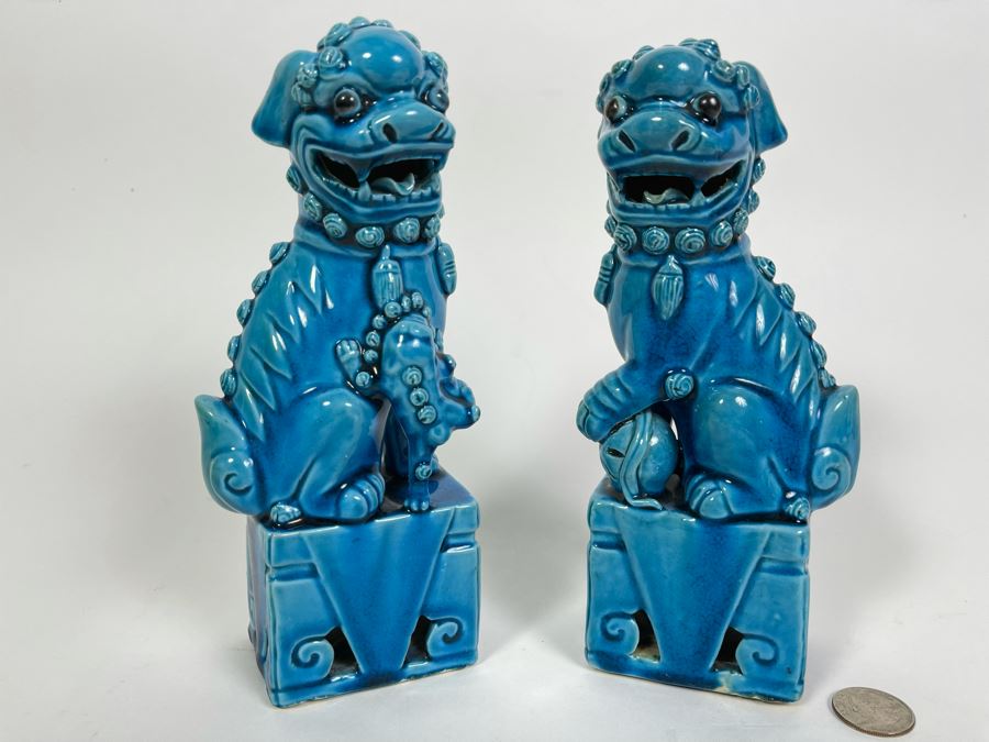 Pair Of Vintage Chinese Blue Glazed Porcelain Foo Dog Sculptures 8H [Photo 1]