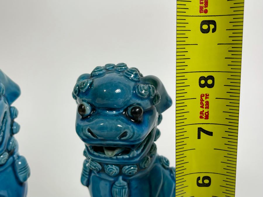 Pair Of Vintage Chinese Blue Glazed Porcelain Foo Dog Sculptures 8H [Photo 13]