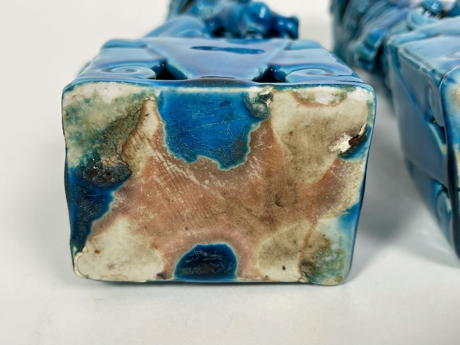 Pair Of Vintage Chinese Blue Glazed Porcelain Foo Dog Sculptures 8H [Photo 12]