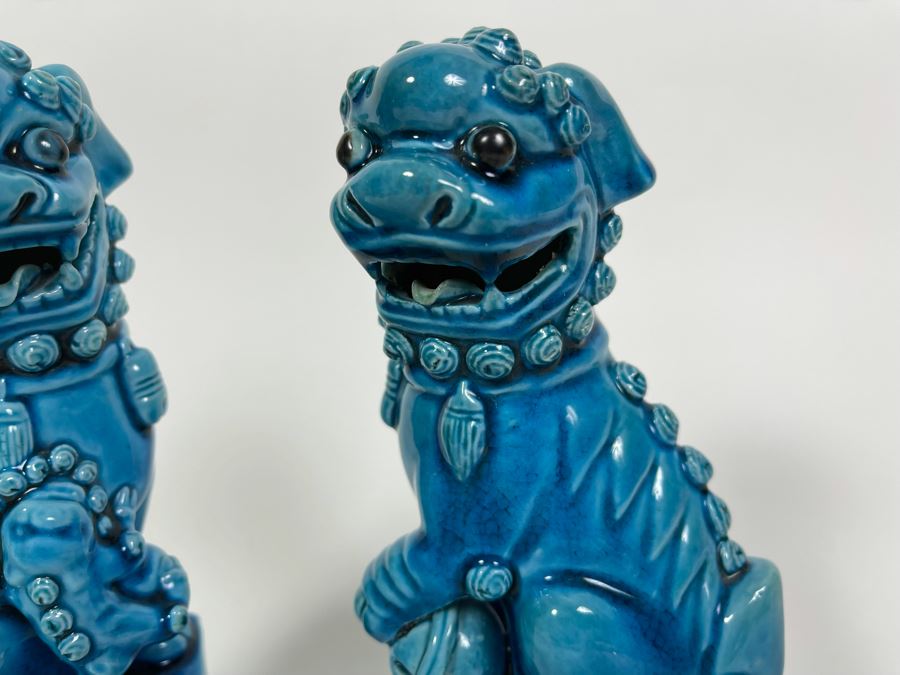 Pair Of Vintage Chinese Blue Glazed Porcelain Foo Dog Sculptures 8H [Photo 4]