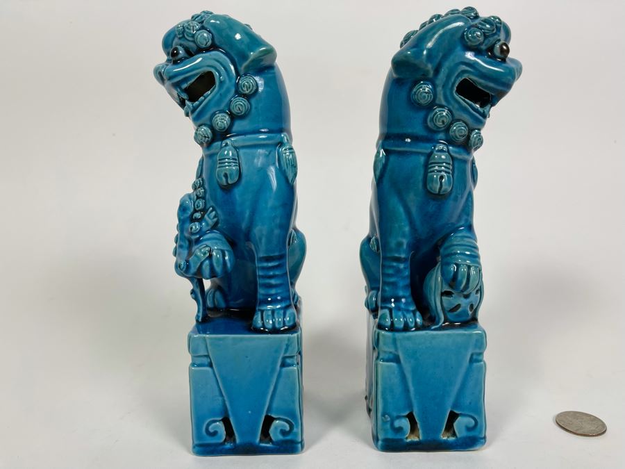 Pair Of Vintage Chinese Blue Glazed Porcelain Foo Dog Sculptures 8H [Photo 10]