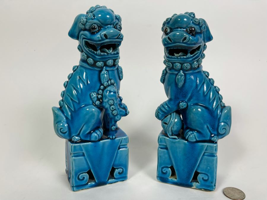 Pair Of Vintage Chinese Blue Glazed Porcelain Foo Dog Sculptures 8H [Photo 2]