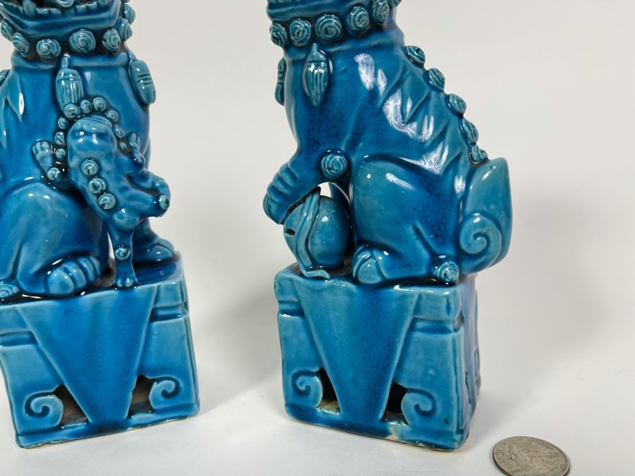 Pair Of Vintage Chinese Blue Glazed Porcelain Foo Dog Sculptures 8H [Photo 5]