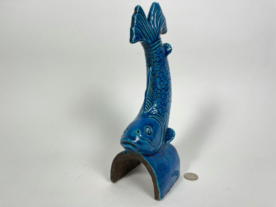 Vintage Chinese Blue Glazed Porcelain Fish (Base Has Been Repaired - See Photos) 11.5H [Photo 7]