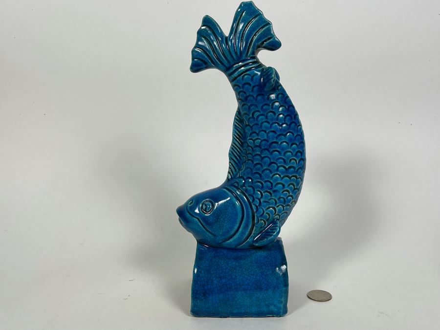 Vintage Chinese Blue Glazed Porcelain Fish (Base Has Been Repaired - See Photos) 11.5H [Photo 3]