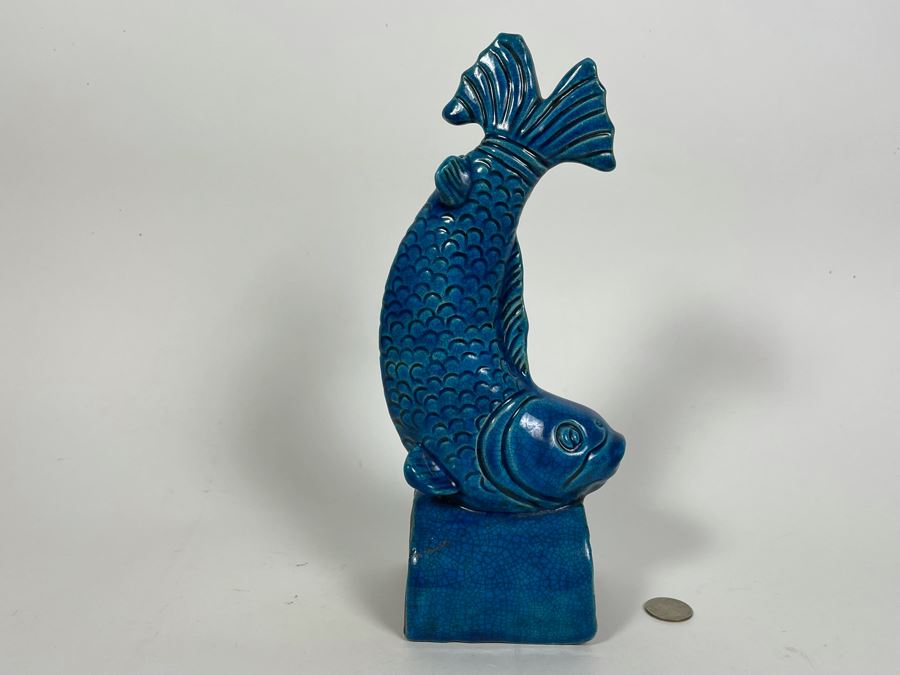 Vintage Chinese Blue Glazed Porcelain Fish (Base Has Been Repaired - See Photos) 11.5H [Photo 9]