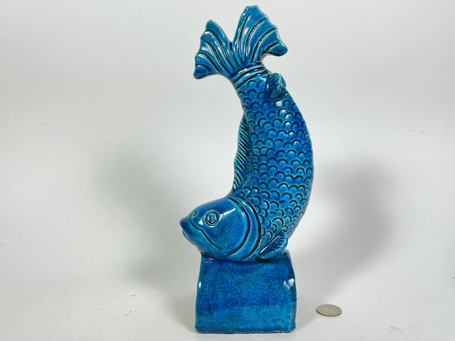 Vintage Chinese Blue Glazed Porcelain Fish (Base Has Been Repaired - See Photos) 11.5H [Photo 1]