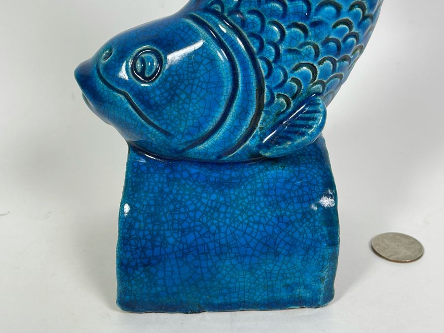 Vintage Chinese Blue Glazed Porcelain Fish (Base Has Been Repaired - See Photos) 11.5H [Photo 4]