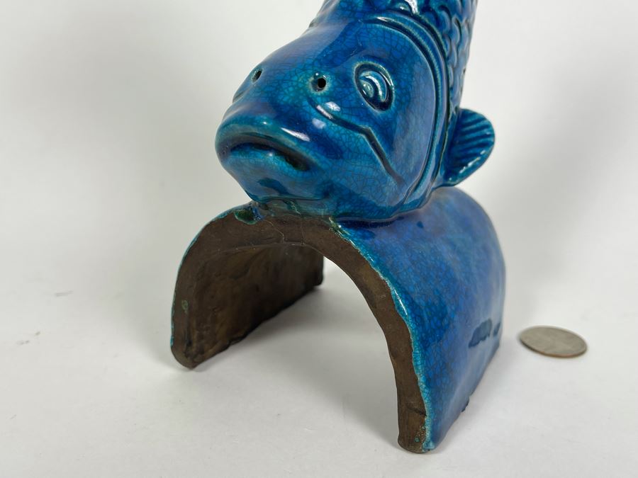 Vintage Chinese Blue Glazed Porcelain Fish (Base Has Been Repaired - See Photos) 11.5H [Photo 8]