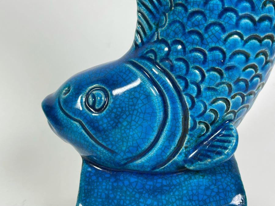 Vintage Chinese Blue Glazed Porcelain Fish (Base Has Been Repaired - See Photos) 11.5H [Photo 5]