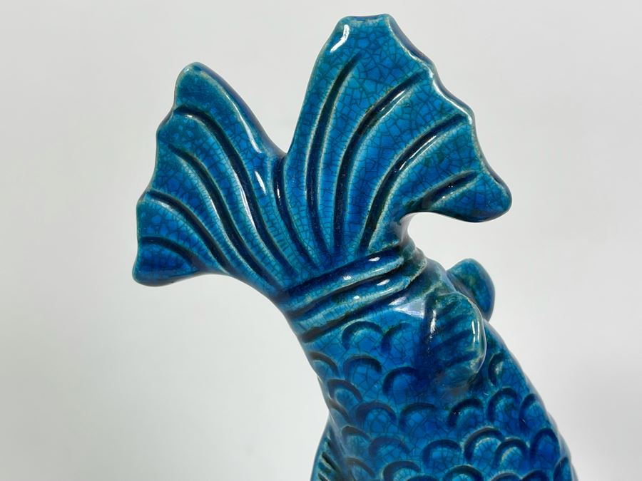 Vintage Chinese Blue Glazed Porcelain Fish (Base Has Been Repaired - See Photos) 11.5H [Photo 6]