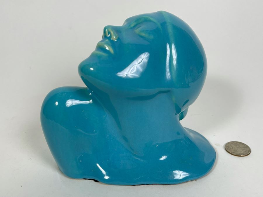 Signed Vintage 1935 Art Deco Blue Glazed Ceramic Womans Head Bust 6W X 5H [Photo 1]