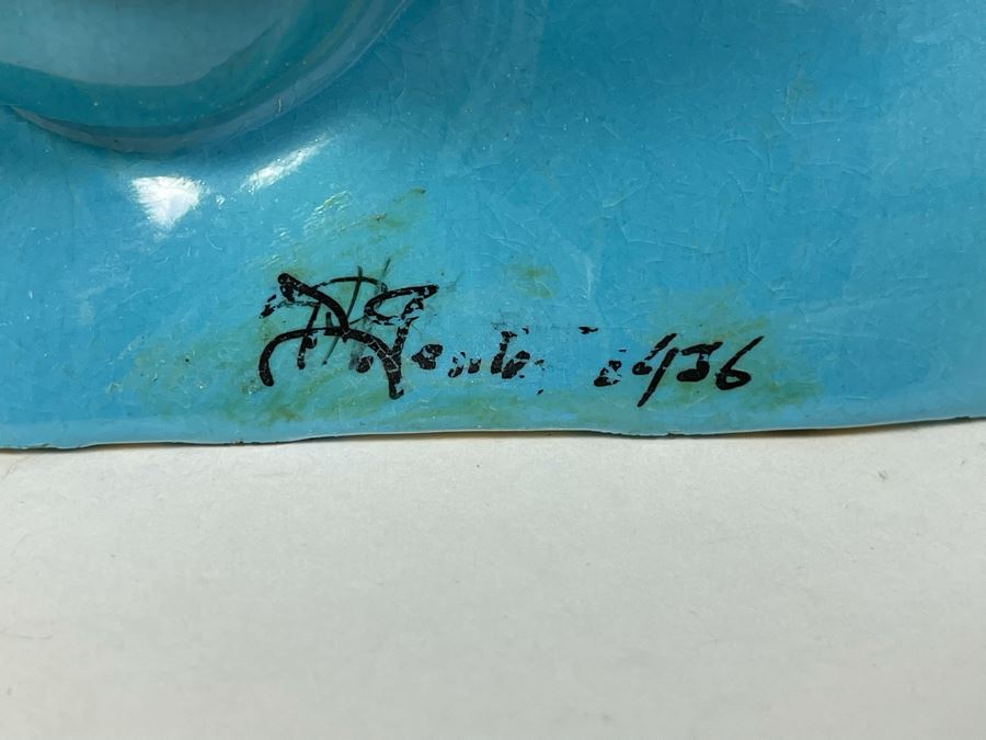 Signed Vintage 1935 Art Deco Blue Glazed Ceramic Womans Head Bust 6W X 5H [Photo 2]