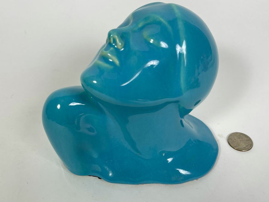 Signed Vintage 1935 Art Deco Blue Glazed Ceramic Womans Head Bust 6W X 5H [Photo 3]
