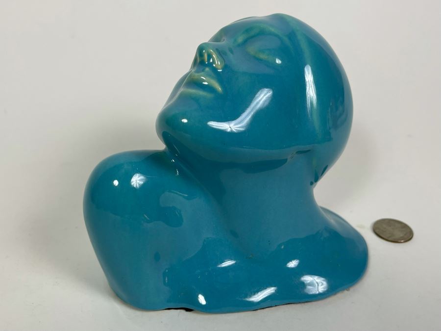 Signed Vintage 1935 Art Deco Blue Glazed Ceramic Womans Head Bust 6W X 5H [Photo 4]