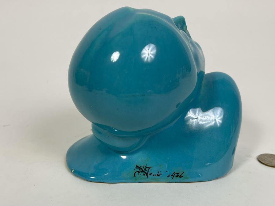 Signed Vintage 1935 Art Deco Blue Glazed Ceramic Womans Head Bust 6W X 5H [Photo 8]