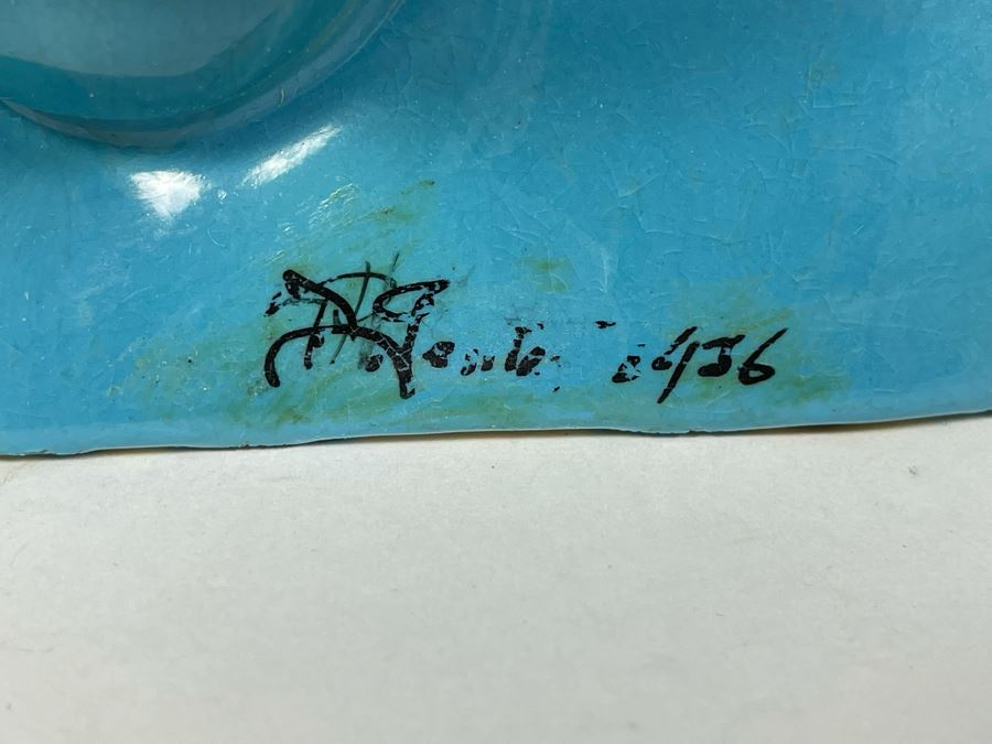 Signed Vintage 1935 Art Deco Blue Glazed Ceramic Womans Head Bust 6W X 5H [Photo 9]