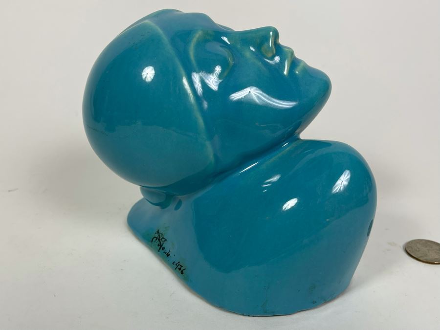 Signed Vintage 1935 Art Deco Blue Glazed Ceramic Womans Head Bust 6W X 5H [Photo 7]