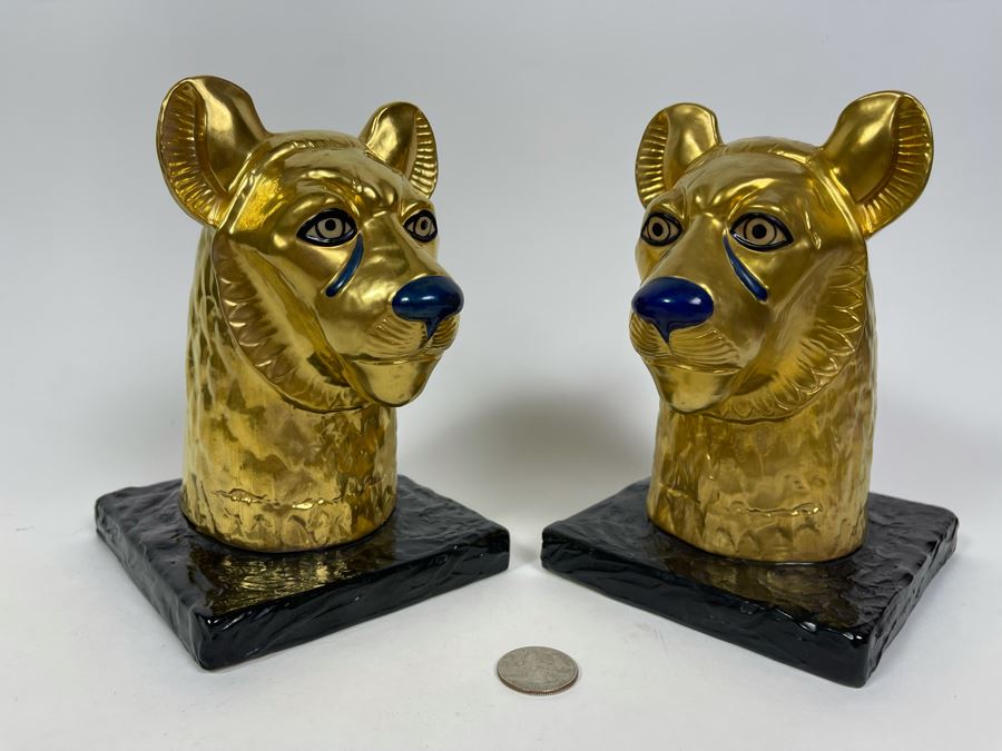 Pair Of Boehm Porcelain Limited Edition Cheetah Head Statues From The Treasures Of Tutankhamun Exhibition 7H [Photo 4]