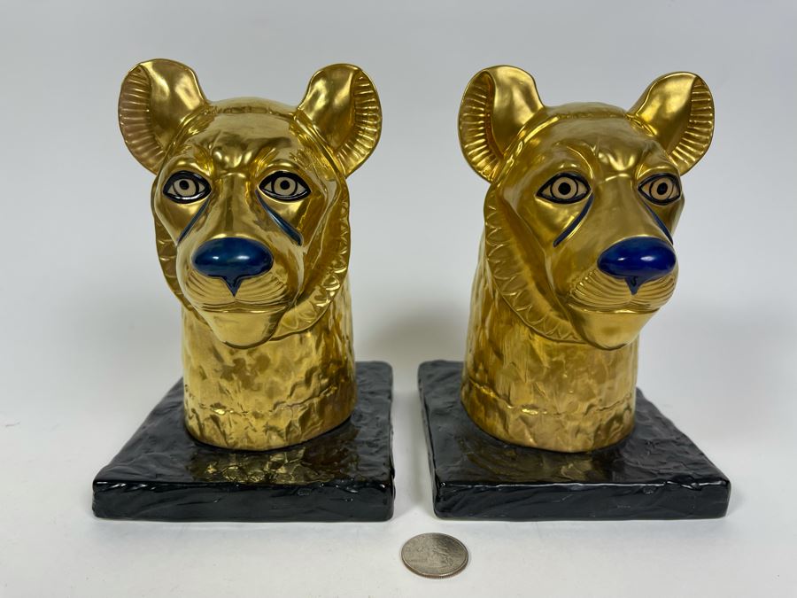 Pair Of Boehm Porcelain Limited Edition Cheetah Head Statues From The Treasures Of Tutankhamun Exhibition 7H [Photo 2]