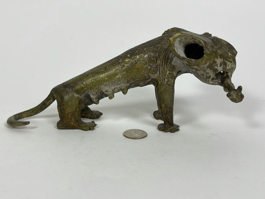 Old Solid Bronze Benin African Leopard Cat Sculpture 9.5W X 3.5D X 4H [Photo 11]