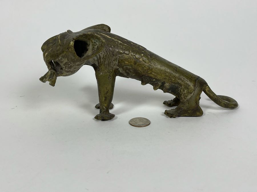 Old Solid Bronze Benin African Leopard Cat Sculpture 9.5W X 3.5D X 4H [Photo 5]
