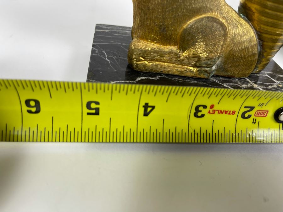 Pair Of Art Deco Gilt Metal Rhyton Vessels Goats With Cone Shaped Glasses Vases On Marble Base 5W X 3.25D X 6.5H [Photo 10]