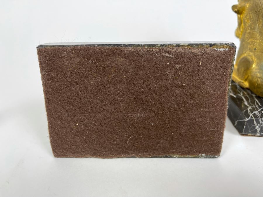 Pair Of Art Deco Gilt Metal Rhyton Vessels Goats With Cone Shaped Glasses Vases On Marble Base 5W X 3.25D X 6.5H [Photo 9]