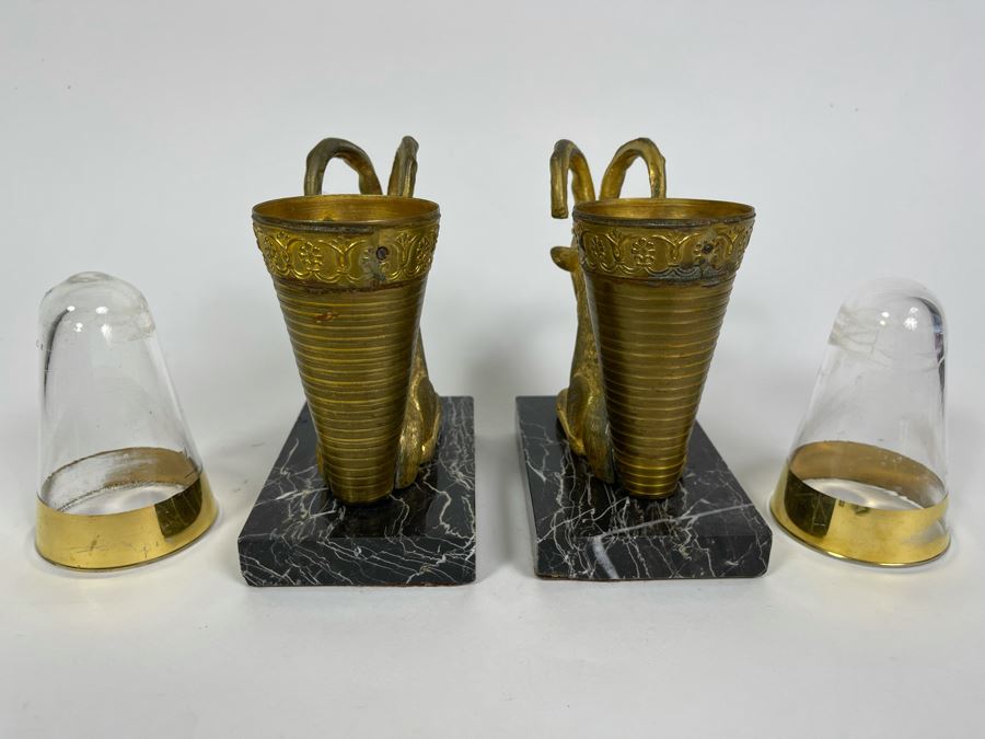 Pair Of Art Deco Gilt Metal Rhyton Vessels Goats With Cone Shaped Glasses Vases On Marble Base 5W X 3.25D X 6.5H [Photo 7]
