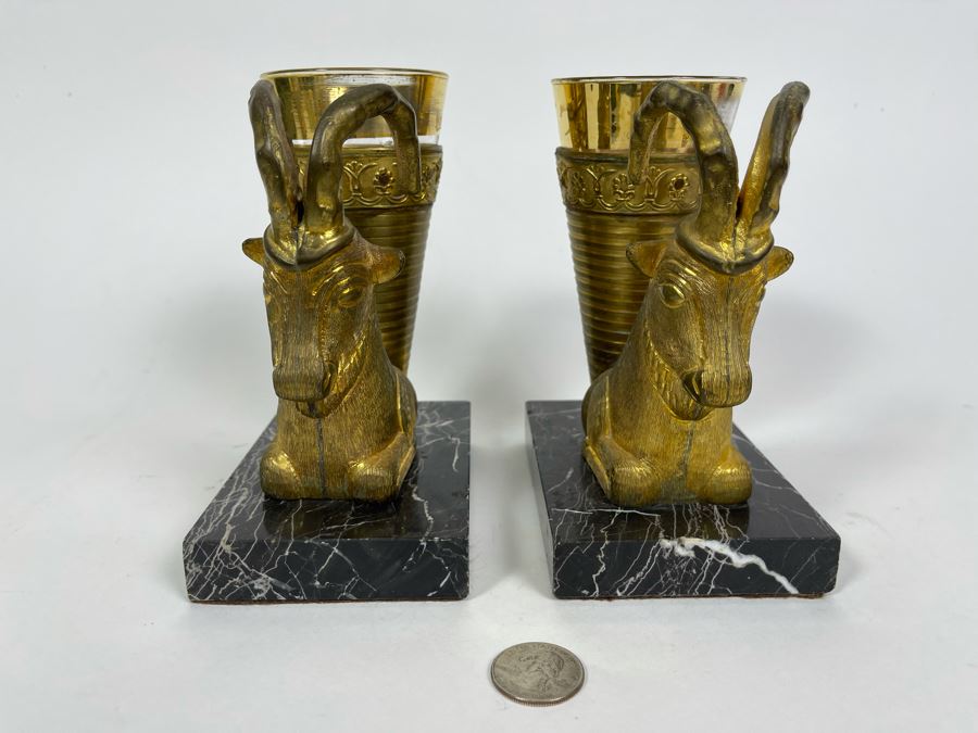 Pair Of Art Deco Gilt Metal Rhyton Vessels Goats With Cone Shaped Glasses Vases On Marble Base 5W X 3.25D X 6.5H [Photo 4]