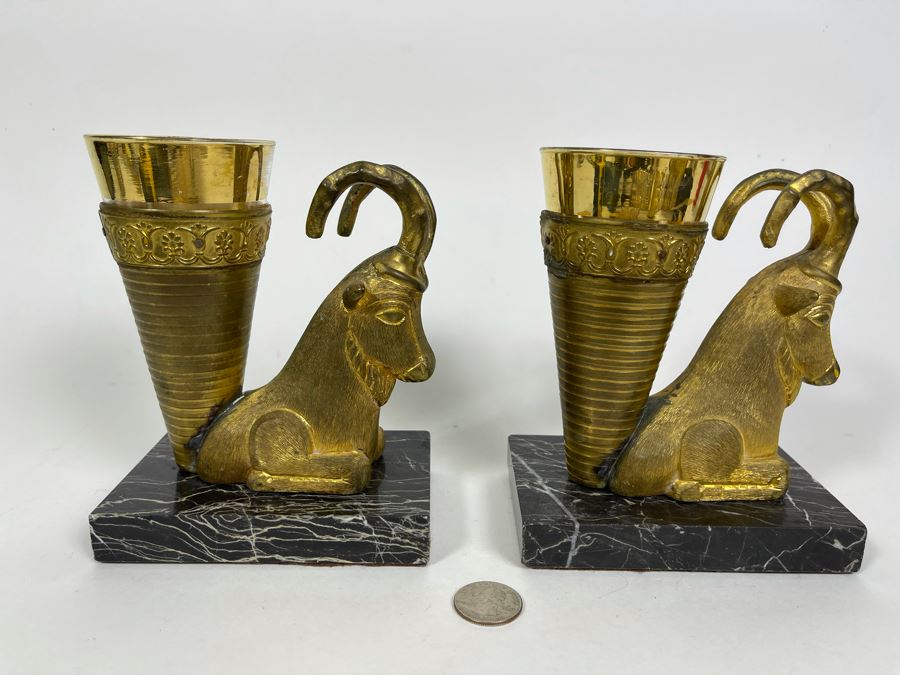 Pair Of Art Deco Gilt Metal Rhyton Vessels Goats With Cone Shaped Glasses Vases On Marble Base 5W X 3.25D X 6.5H [Photo 2]