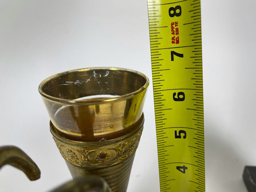 Pair Of Art Deco Gilt Metal Rhyton Vessels Goats With Cone Shaped Glasses Vases On Marble Base 5W X 3.25D X 6.5H [Photo 12]