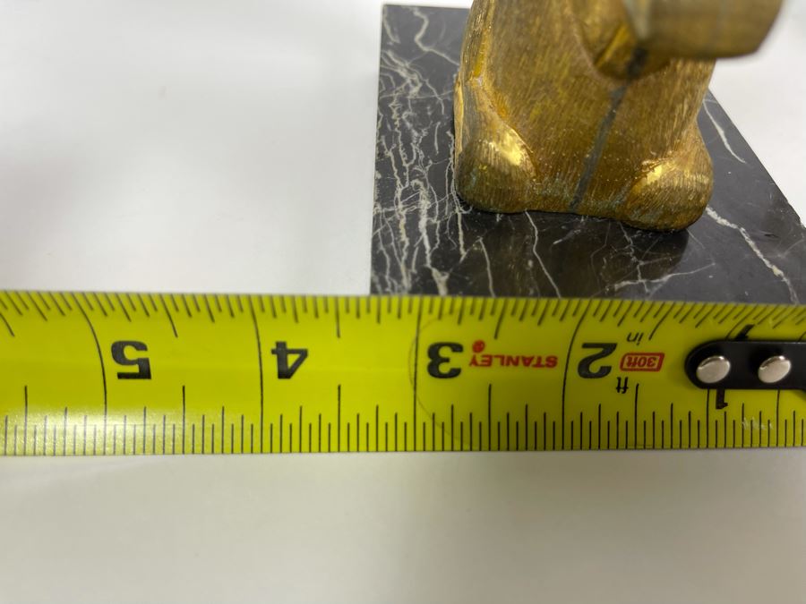 Pair Of Art Deco Gilt Metal Rhyton Vessels Goats With Cone Shaped Glasses Vases On Marble Base 5W X 3.25D X 6.5H [Photo 11]