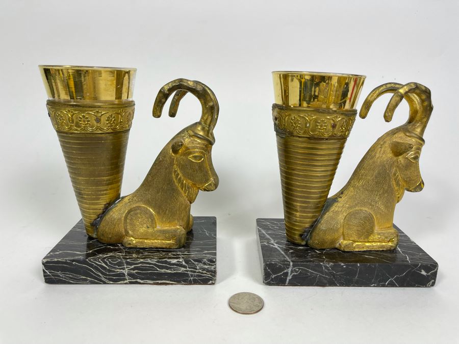 Pair Of Art Deco Gilt Metal Rhyton Vessels Goats With Cone Shaped Glasses Vases On Marble Base 5W X 3.25D X 6.5H