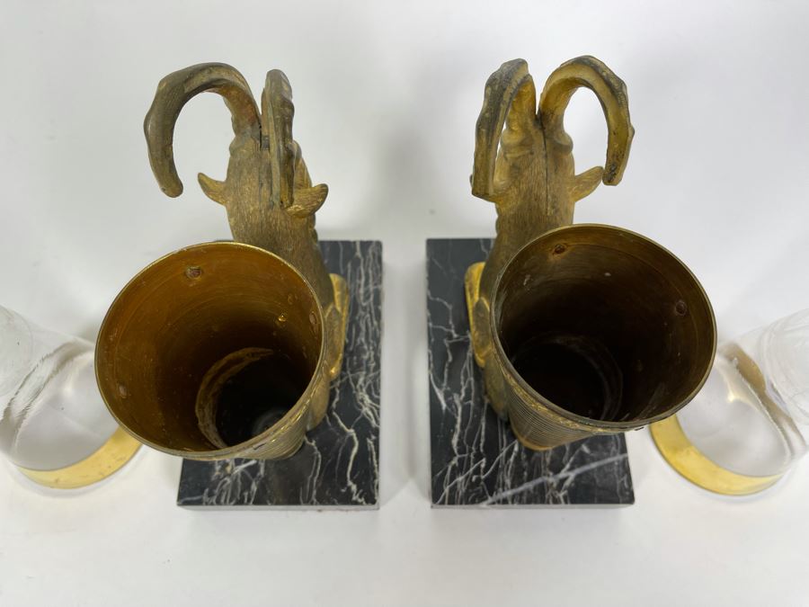 Pair Of Art Deco Gilt Metal Rhyton Vessels Goats With Cone Shaped Glasses Vases On Marble Base 5W X 3.25D X 6.5H [Photo 8]