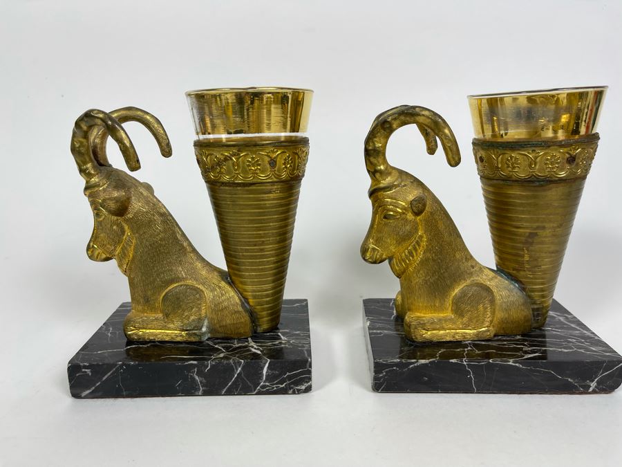 Pair Of Art Deco Gilt Metal Rhyton Vessels Goats With Cone Shaped Glasses Vases On Marble Base 5W X 3.25D X 6.5H [Photo 5]