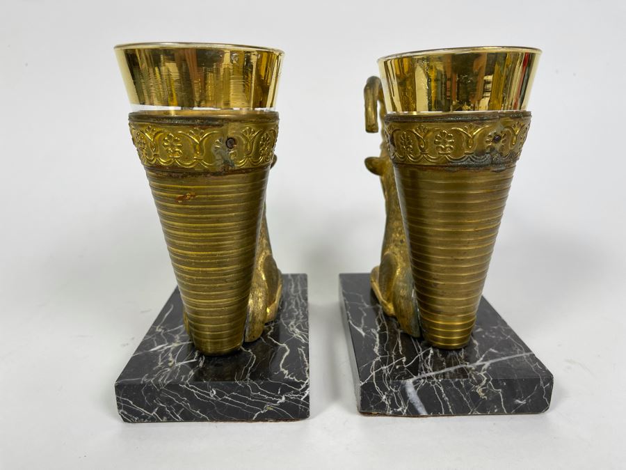 Pair Of Art Deco Gilt Metal Rhyton Vessels Goats With Cone Shaped Glasses Vases On Marble Base 5W X 3.25D X 6.5H [Photo 6]