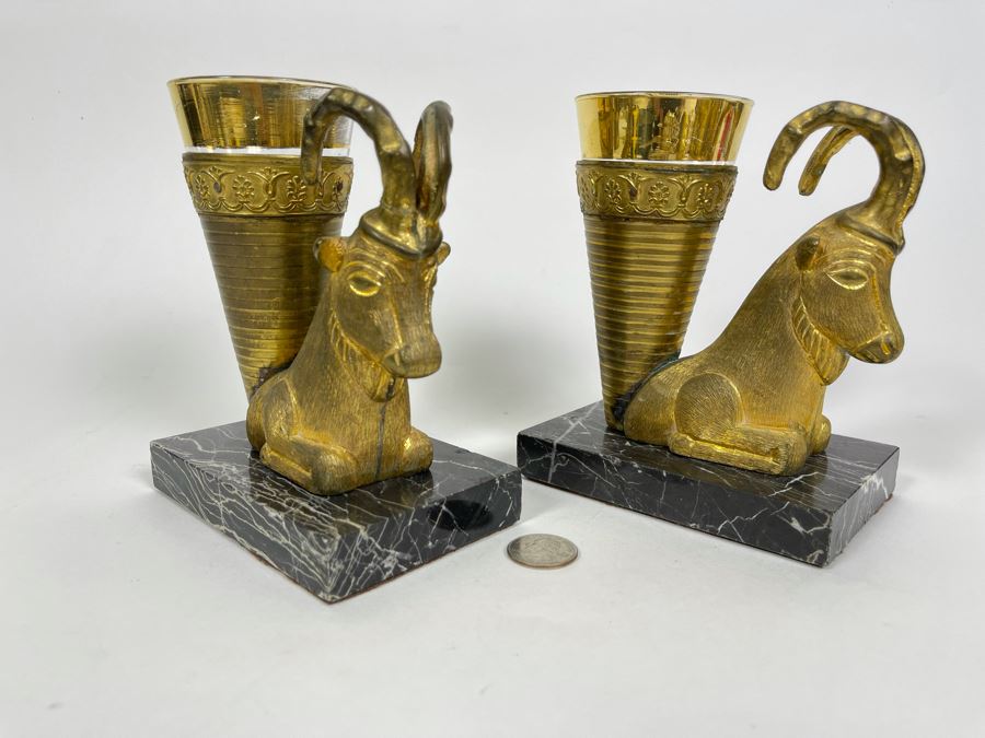 Pair Of Art Deco Gilt Metal Rhyton Vessels Goats With Cone Shaped Glasses Vases On Marble Base 5W X 3.25D X 6.5H [Photo 3]