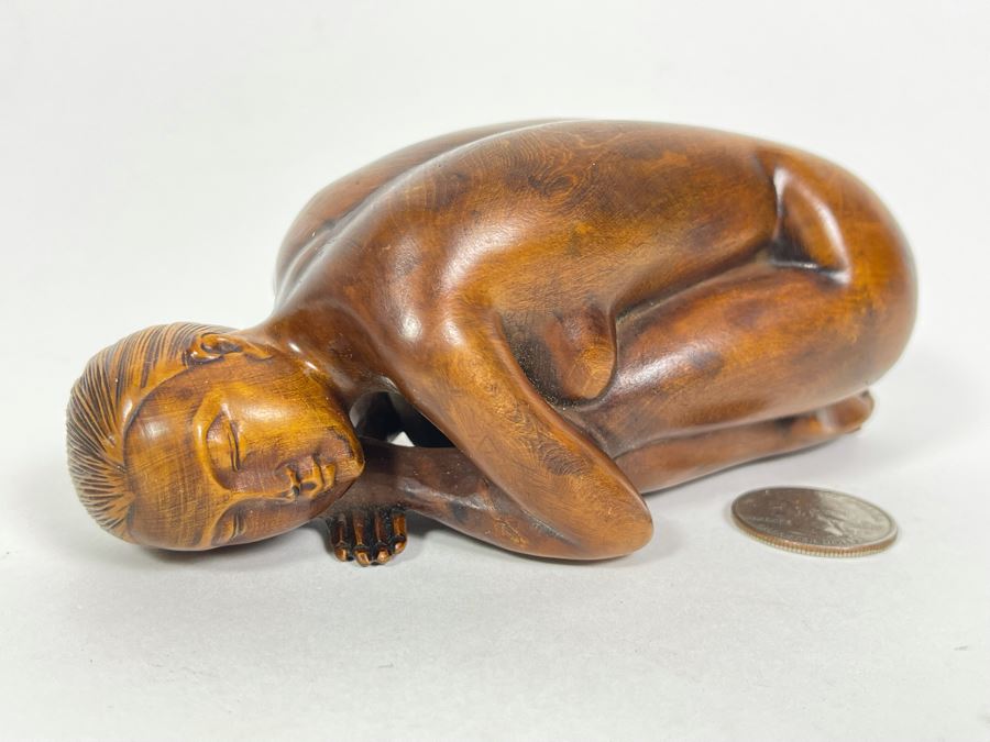 Fine Carved Wood Sculpture Of Crouching Nude Woman 5.5W X 2.25D X 2H [Photo 2]