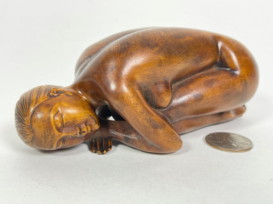 Fine Carved Wood Sculpture Of Crouching Nude Woman 5.5W X 2.25D X 2H [Photo 9]