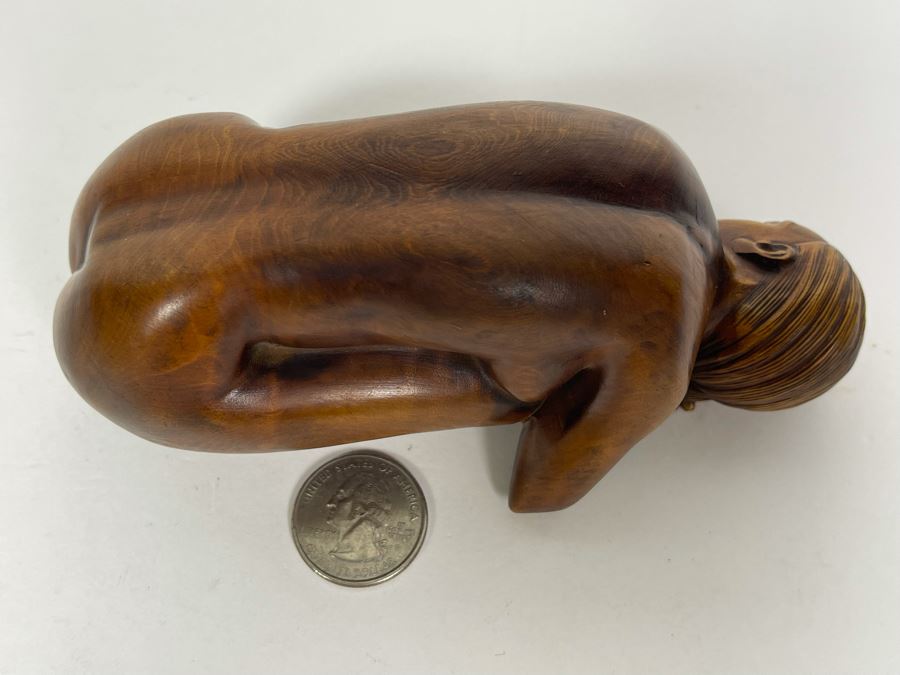 Fine Carved Wood Sculpture Of Crouching Nude Woman W X D X H