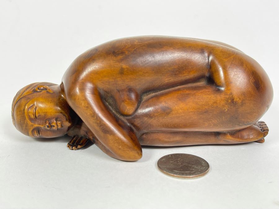 Fine Carved Wood Sculpture Of Crouching Nude Woman 5.5W X 2.25D X 2H [Photo 1]
